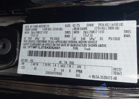 2025 Ford F-150 Xl from USA, damaged, VIN 1FTMF1L57SKE92661